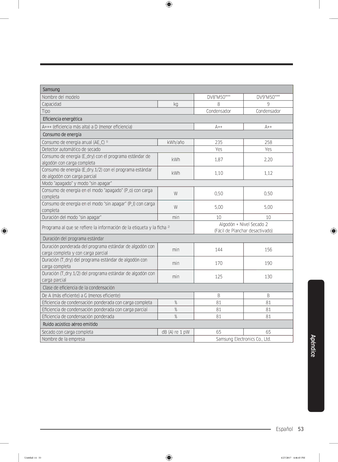 Samsung DV80M5010QW/EC, DV80M5010IW/EC manual Español 53  